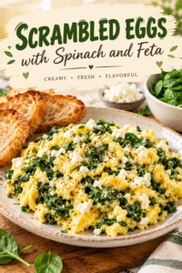 Fluffy scrambled eggs mixed with wilted spinach and crumbled feta cheese, served in a white bowl with black pepper.