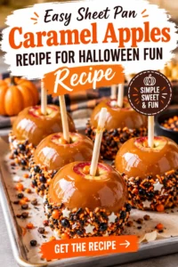 Sliced apples on a sheet pan coated in gooey caramel, topped with colorful sprinkles and crushed nuts.