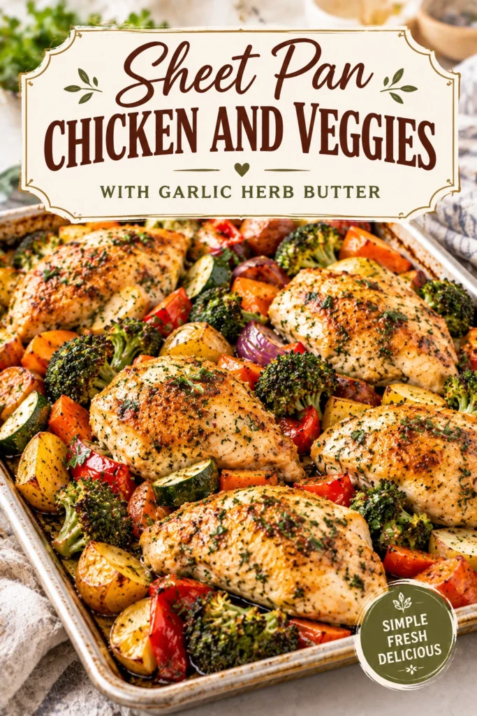 Roasted chicken thighs, carrots, and broccoli on a sheet pan, drizzled with melted garlic herb butter and fresh parsley.
