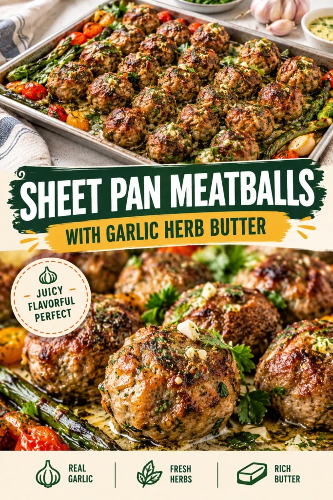 Golden brown meatballs on a sheet pan, topped with melted garlic herb butter and garnished with fresh parsley.