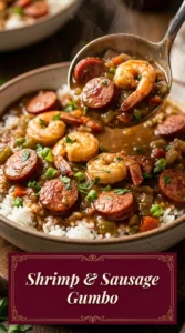A bowl of hearty shrimp and sausage gumbo with okra and celery, served over white rice and garnished with parsley.