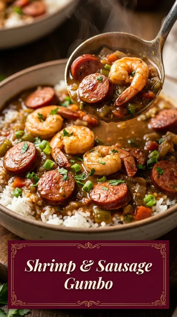 A bowl of hearty shrimp and sausage gumbo with okra and celery, served over white rice and garnished with parsley.