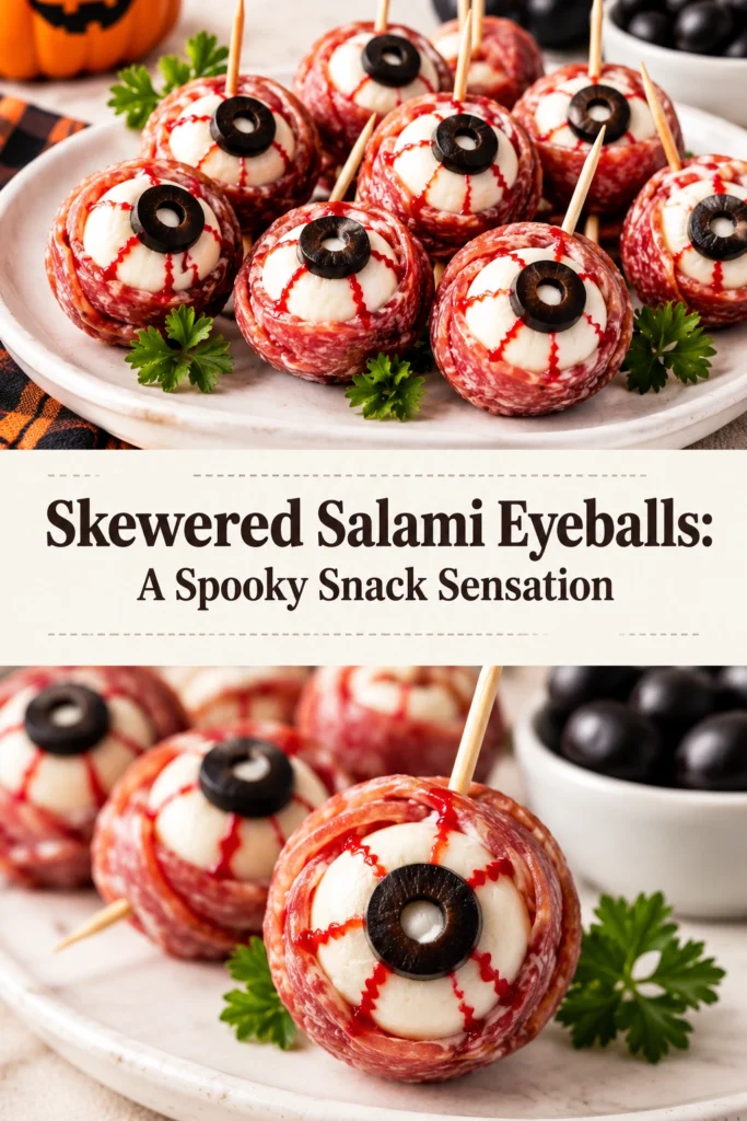 Salami slices topped with cream cheese and olive slices to look like eyeballs, served on toothpicks on a platter.