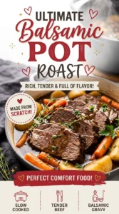 Slow cooker balsamic pot roast with tender beef, carrots, and potatoes in a rich dark gravy, served on a platter.