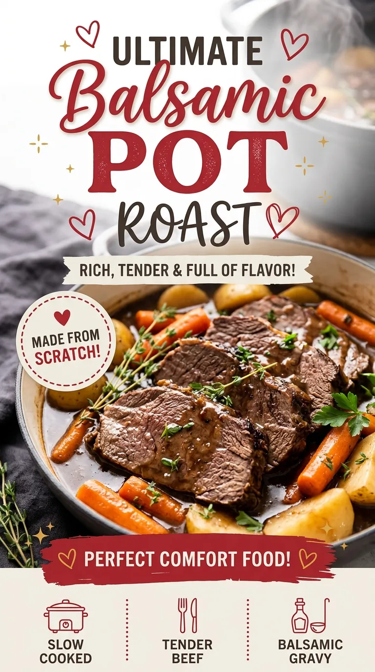 Slow cooker balsamic pot roast with tender beef, carrots, and potatoes in a rich dark gravy, served on a platter.