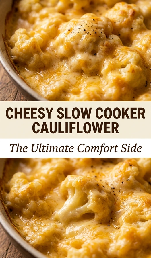 Slow cooker cauliflower florets smothered in a melted, bubbly golden cheese sauce served in a ceramic white baking dish.