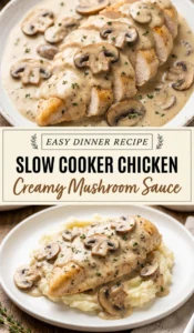 Slices of tender chicken breast topped with a creamy mushroom sauce and fresh parsley in a white serving dish.
