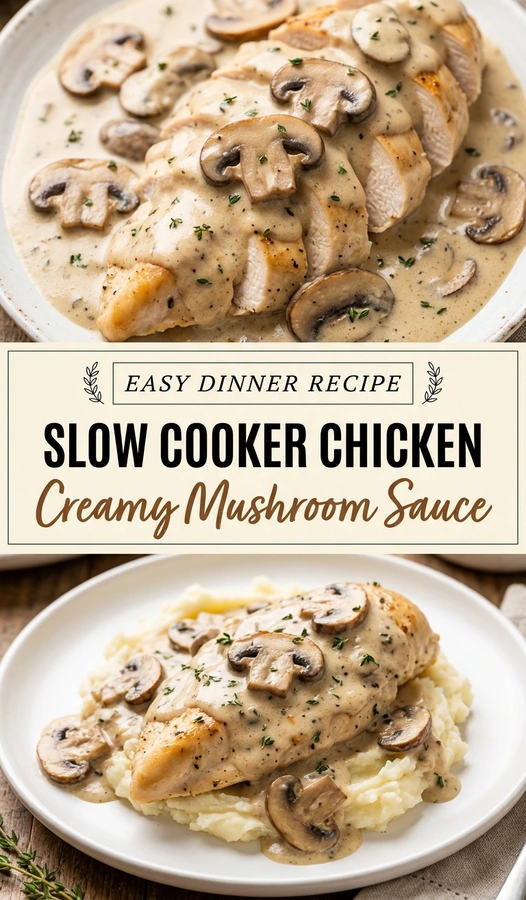 Slices of tender chicken breast topped with a creamy mushroom sauce and fresh parsley in a white serving dish.
