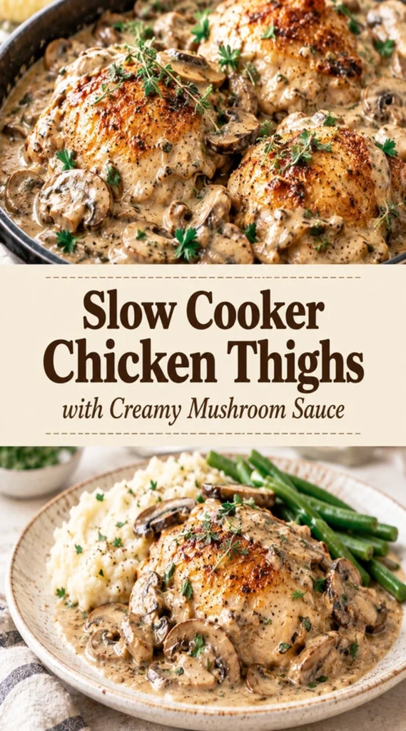 Tender chicken thighs smothered in a creamy mushroom sauce, served in a slow cooker and garnished with fresh parsley.
