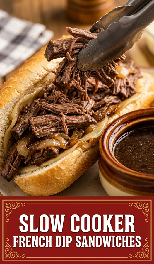 Two toasted French dip sandwiches with roast beef and melted cheese, served with a small bowl of savory au jus.