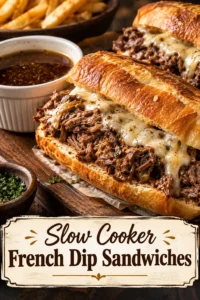 Two toasted French dip sandwiches with sliced roast beef and melted cheese next to a bowl of brown au jus.
