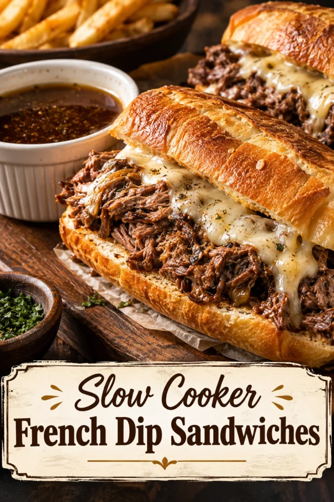 Two toasted French dip sandwiches with sliced roast beef and melted cheese next to a bowl of brown au jus.