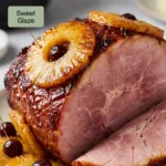 Glazed slow cooker ham topped with pineapple rings and cherries on a serving platter, garnished with fresh parsley sprigs.