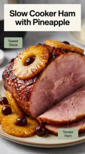 Glazed slow cooker ham topped with pineapple rings and cherries on a serving platter, garnished with fresh parsley sprigs.