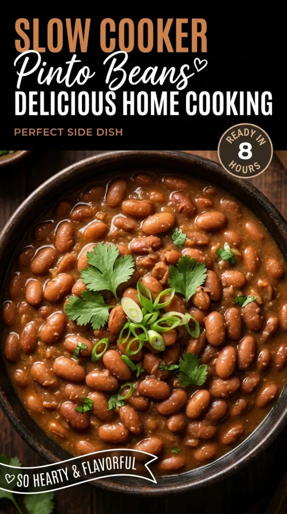 A white bowl filled with slow cooked pinto beans in a savory brown broth, garnished with fresh cilantro leaves.