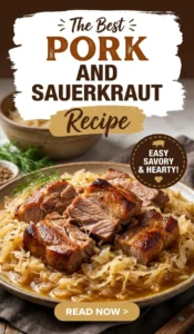 Tender slow cooked pork shoulder nestled in a bed of tangy sauerkraut, served in a rustic ceramic pot.