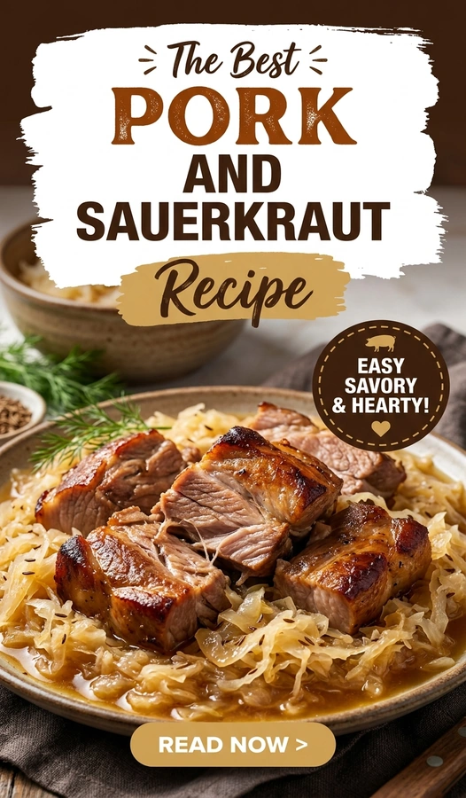 Tender slow cooked pork shoulder nestled in a bed of tangy sauerkraut, served in a rustic ceramic pot.