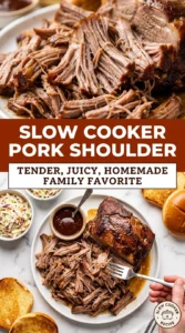 Shredded tender pork shoulder in a slow cooker, garnished with fresh parsley and served with a savory brown gravy.