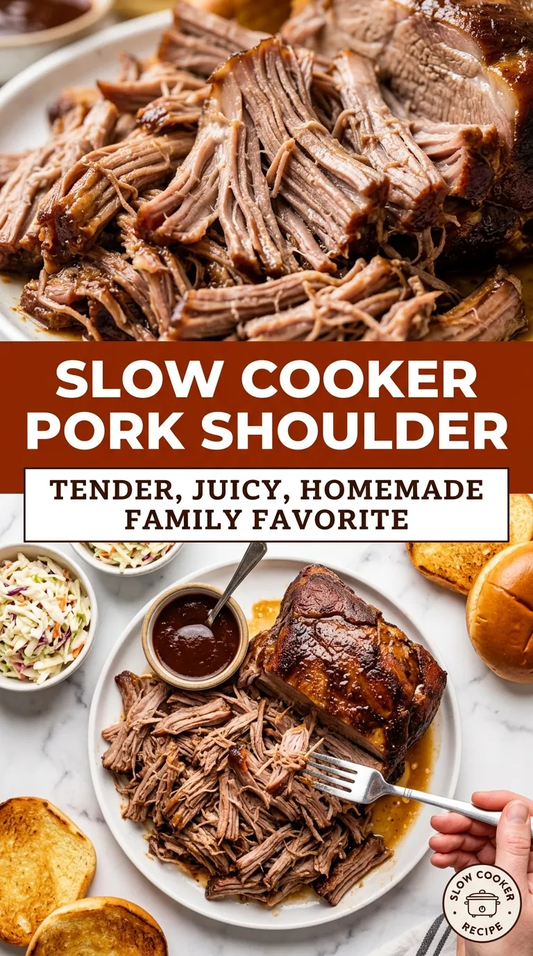 Shredded tender pork shoulder in a slow cooker, garnished with fresh parsley and served with a savory brown gravy.