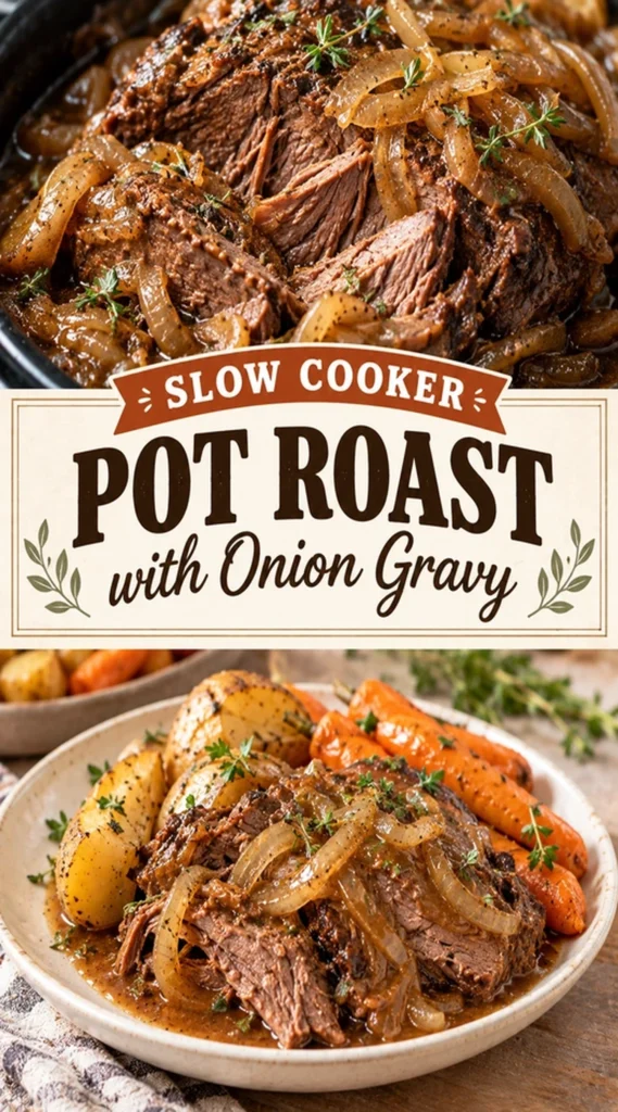 Tender sliced pot roast topped with savory onion gravy, served with cooked carrots and potatoes in a rustic bowl.