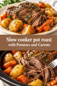 Tender slow cooker pot roast served with carrots and potatoes in a rich brown gravy inside a rustic bowl.