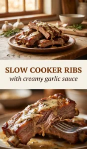 Tender slow cooker ribs drizzled with creamy garlic sauce, served on a platter and garnished with fresh chopped parsley.