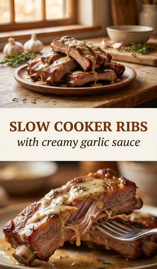 Tender slow cooker ribs drizzled with creamy garlic sauce, served on a platter and garnished with fresh chopped parsley.