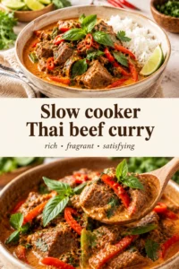 Slow cooker Thai beef curry with tender chunks of meat and vegetables in a creamy coconut sauce, garnished with cilantro.
