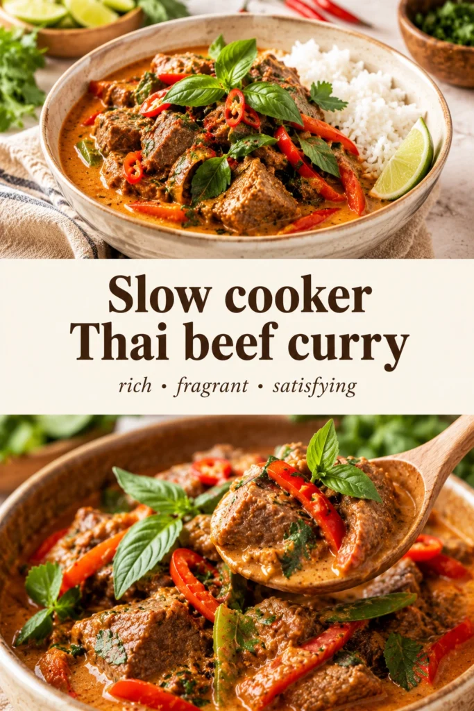 Slow cooker Thai beef curry with tender chunks of meat and vegetables in a creamy coconut sauce, garnished with cilantro.