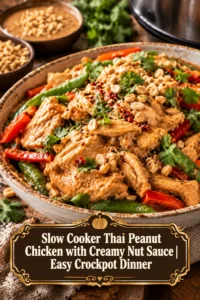Slow cooker Thai peanut chicken in a creamy nut sauce, topped with fresh cilantro and peanuts, served over white rice.