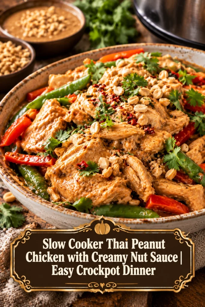 Slow cooker Thai peanut chicken in a creamy nut sauce, topped with fresh cilantro and peanuts, served over white rice.