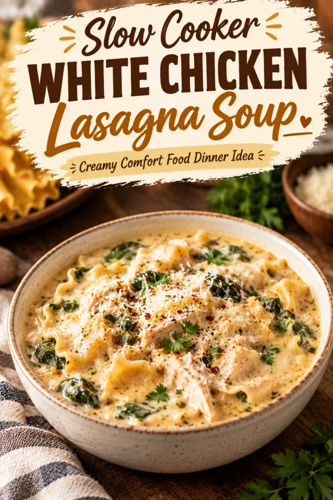 Creamy white chicken lasagna soup in a bowl topped with melted mozzarella, fresh parsley, and a garlic bread slice.