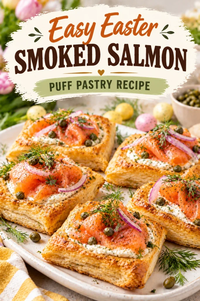 Flaky puff pastry squares topped with smoked salmon, cream cheese, fresh dill, and capers on a white platter.