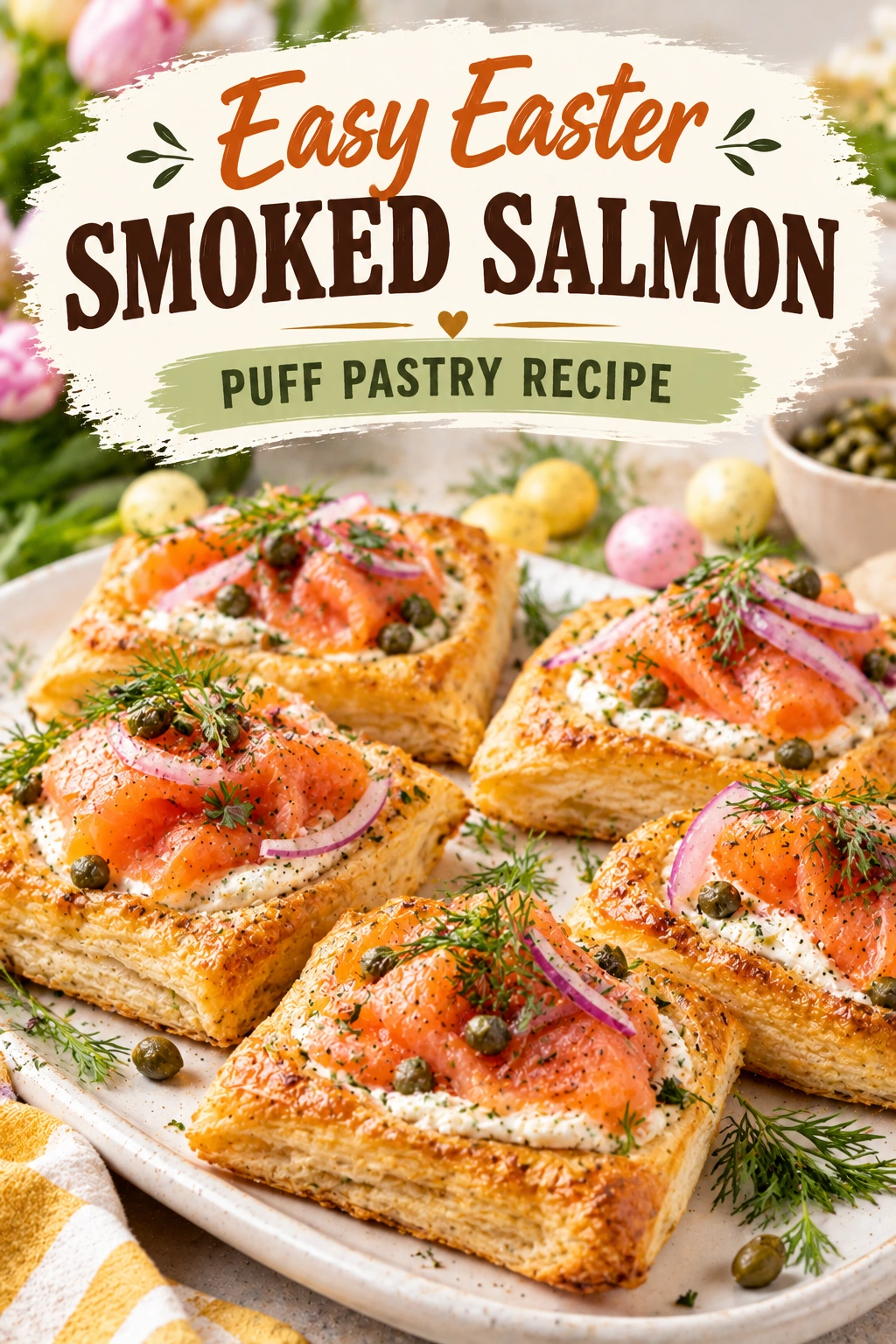 Flaky puff pastry squares topped with smoked salmon, cream cheese, fresh dill, and capers on a white platter.