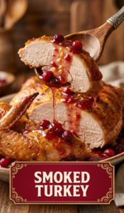 Sliced smoked turkey breast on a platter, topped with a glossy cranberry orange glaze and garnished with fresh rosemary.