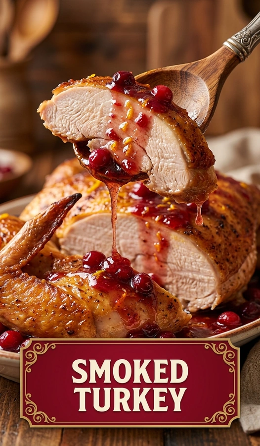 Sliced smoked turkey breast on a platter, topped with a glossy cranberry orange glaze and garnished with fresh rosemary.