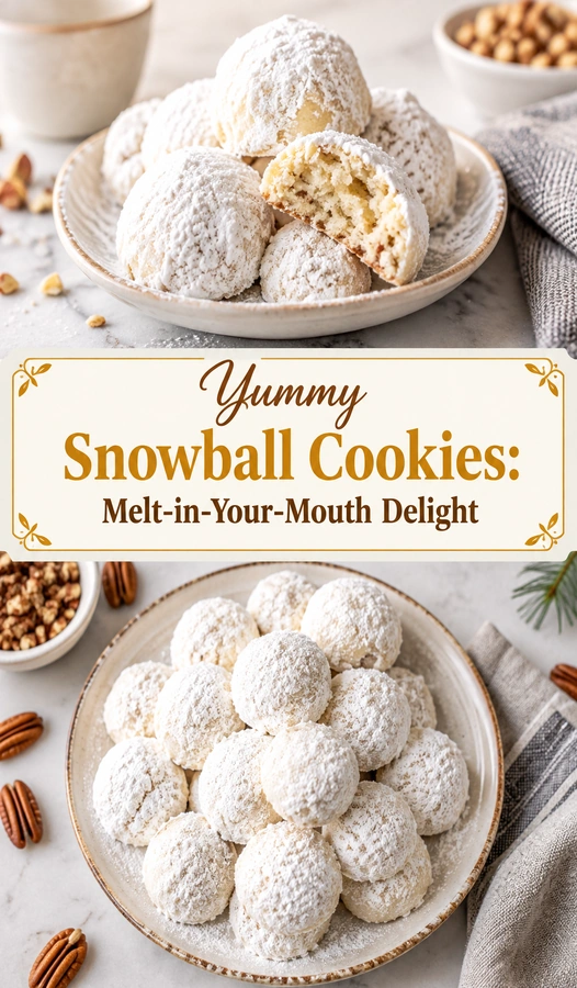 A pile of round snowball cookies coated in powdered sugar, arranged on a white platter with a soft background.