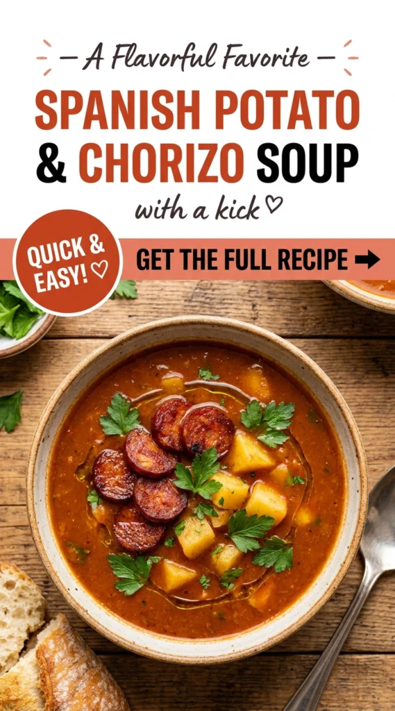 A bowl of creamy potato and chorizo soup topped with sliced chorizo, fresh parsley, and a swirl of cream.