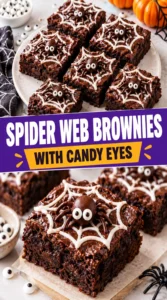 Square dark chocolate brownies topped with a white icing spider web design and small candy eyes.
