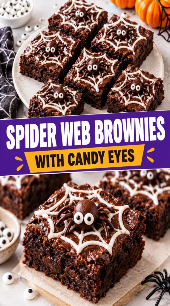 Square dark chocolate brownies topped with a white icing spider web design and small candy eyes.