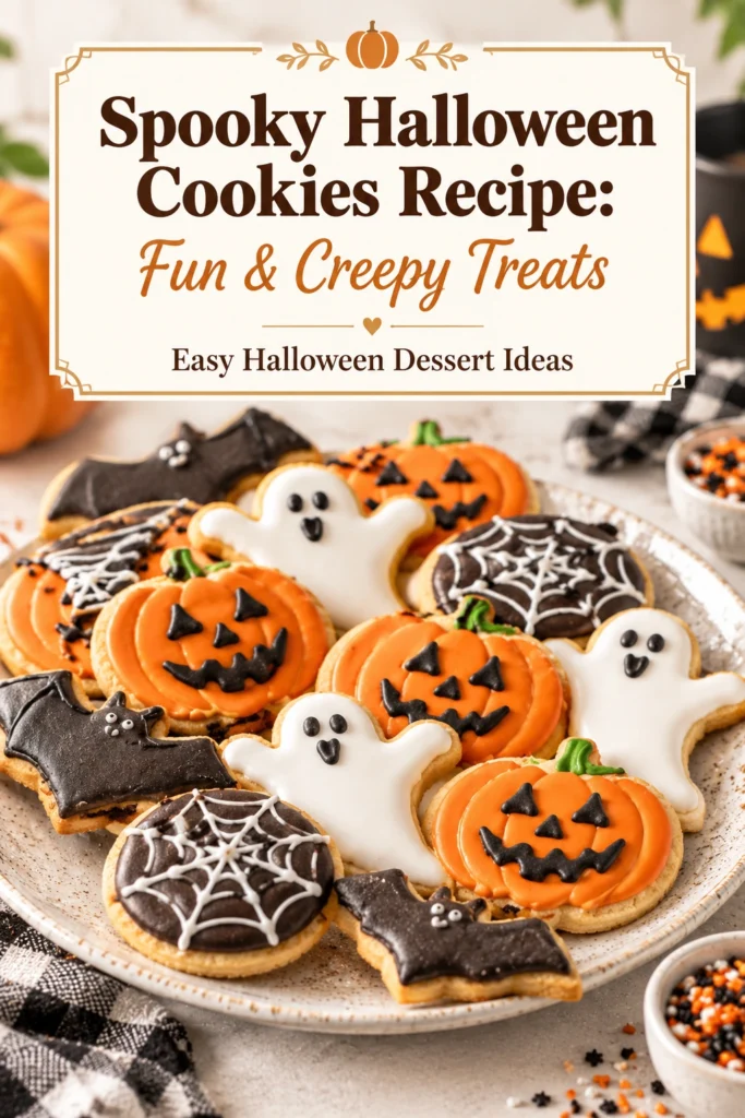Assorted Halloween cookies decorated with orange and purple frosting, featuring spooky spider webs, ghosts, and tiny edible eyeballs.