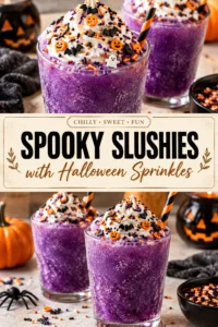 Bright purple frozen slushies in clear glasses topped with orange and black Halloween sprinkles and a straw.