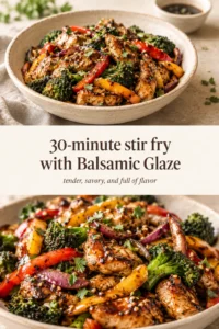 Stir fry with colorful bell peppers, broccoli, and snap peas in a glossy balsamic glaze served in a bowl.