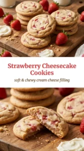 Soft strawberry cheesecake cookies with a creamy center, topped with a swirl of strawberry glaze and fresh berry slices.