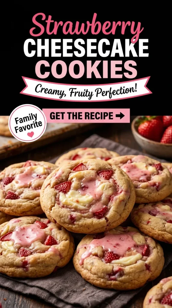 Soft strawberry cheesecake cookies topped with swirls of cream cheese frosting and fresh strawberry slices on a cooling rack.