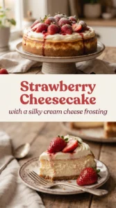 A slice of strawberry cheesecake topped with swirls of cream cheese frosting and fresh strawberry slices on a plate.