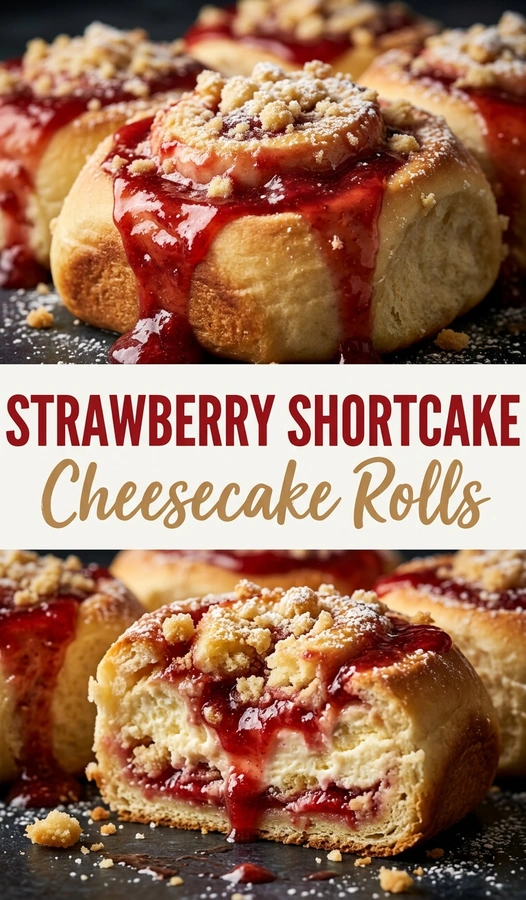 Swirled cheesecake cinnamon rolls topped with fresh strawberry glaze, sliced strawberries, and a dusting of powdered sugar.