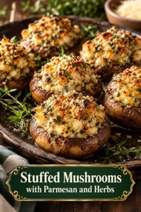 Baked mushroom caps filled with a golden-brown parmesan and herb stuffing, served on a platter with fresh parsley garnish.