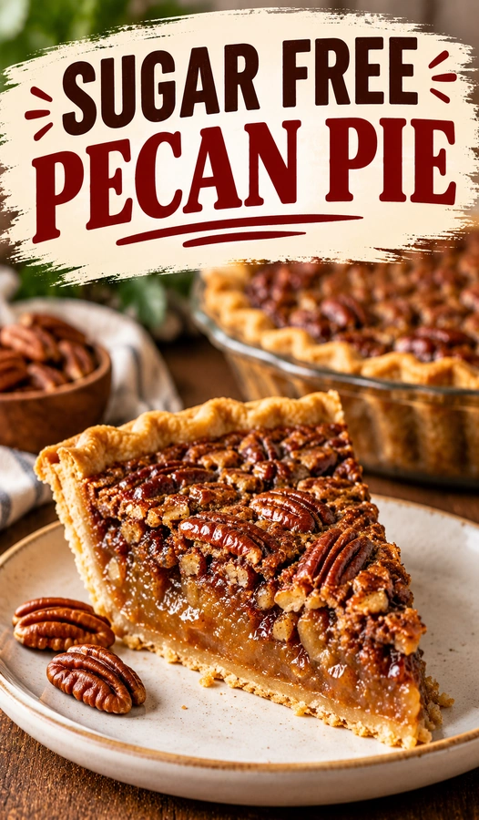 A slice of sugar-free pecan pie with a golden crust and toasted pecan topping on a white ceramic plate.