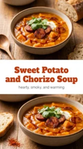 A bowl of creamy orange sweet potato and chorizo soup topped with crumbled chorizo, fresh herbs, and a swirl of cream.